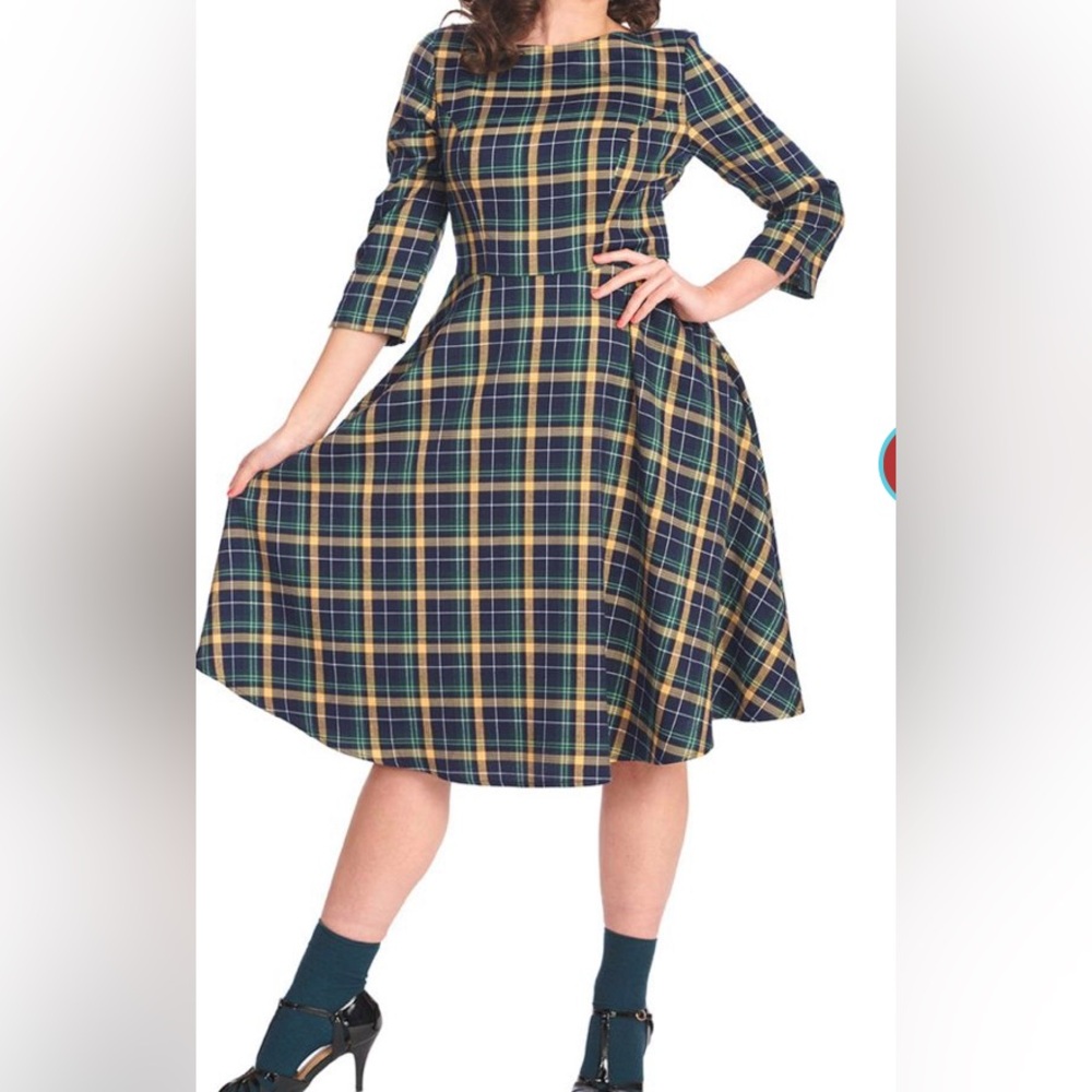 Sweet Joy Heart Back 3/4 Sleeve Navy Blue Plaid Flare Dress Size 2X